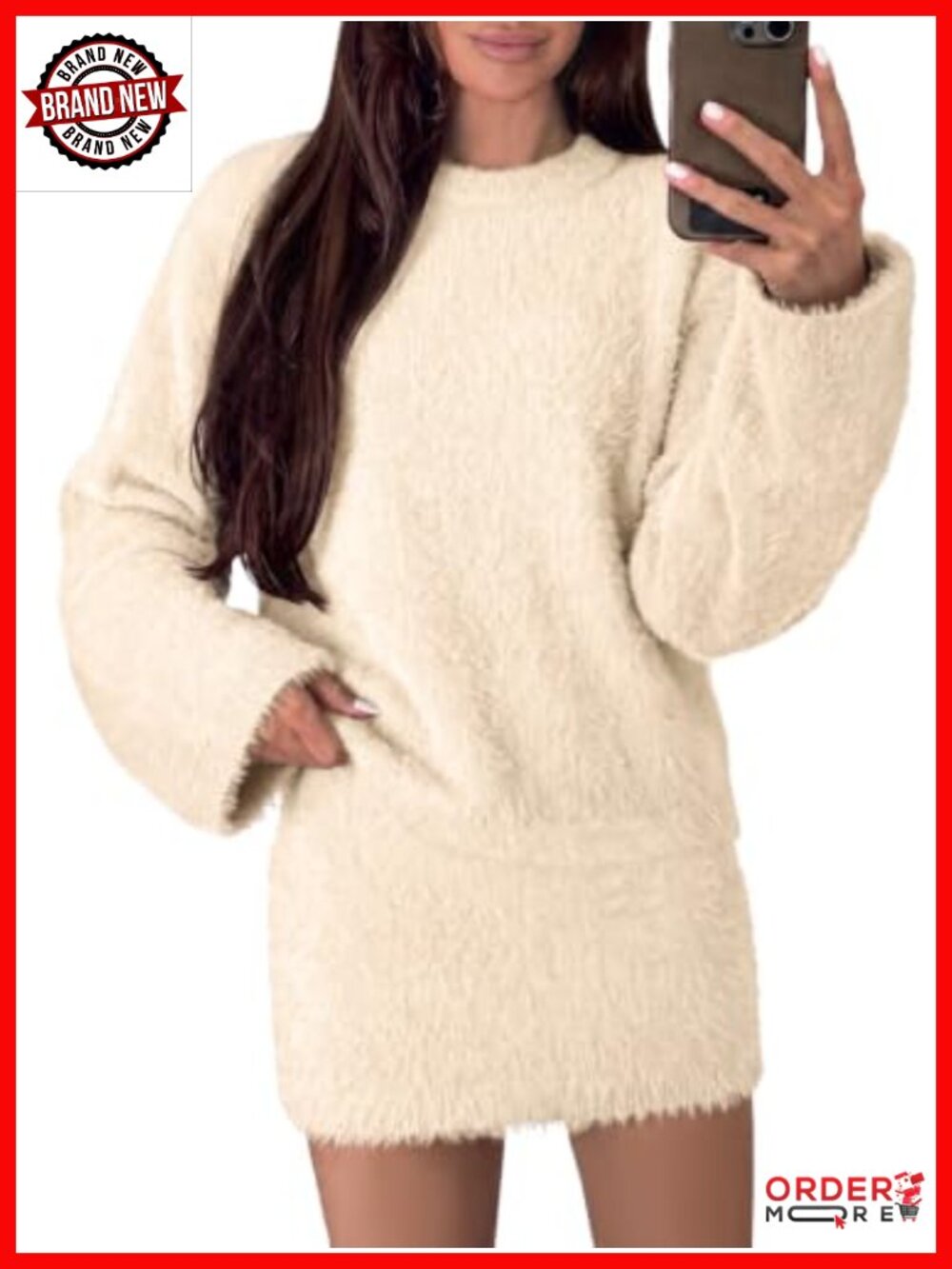 Fuzzy Knit 2 Piece Sweater Skirt Set Long Sleeve Pullover Mini Skirt Outfit